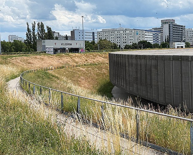 © Velomax Hallendach Velodrom mit Wiese.